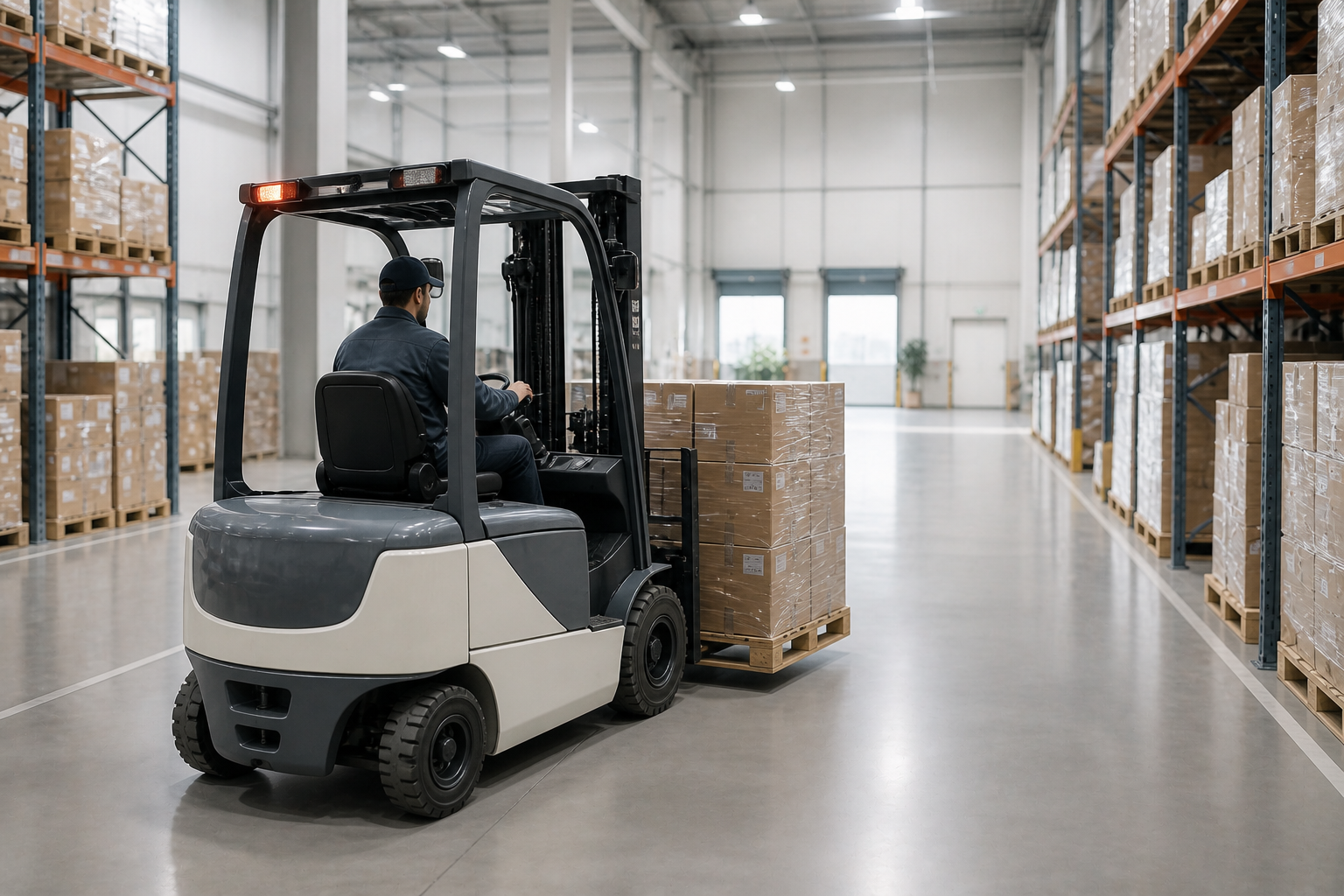 Cross-docking — wózek widłowy z paletą w korytarzu magazynu