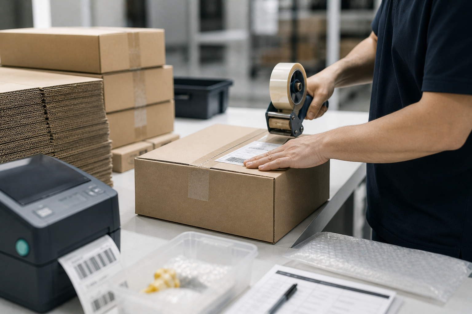 Fulfillment — stanowisko packingowe, taśma, etykieta na karton