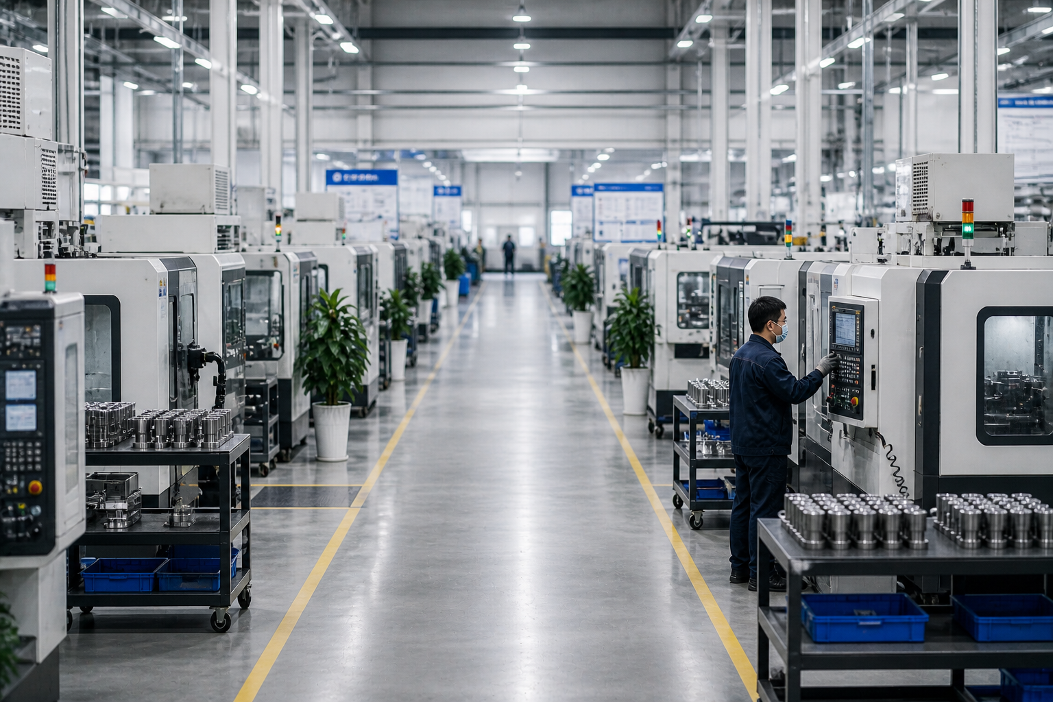 Linia produkcyjna OEM — hala maszyn CNC w chińskiej fabryce