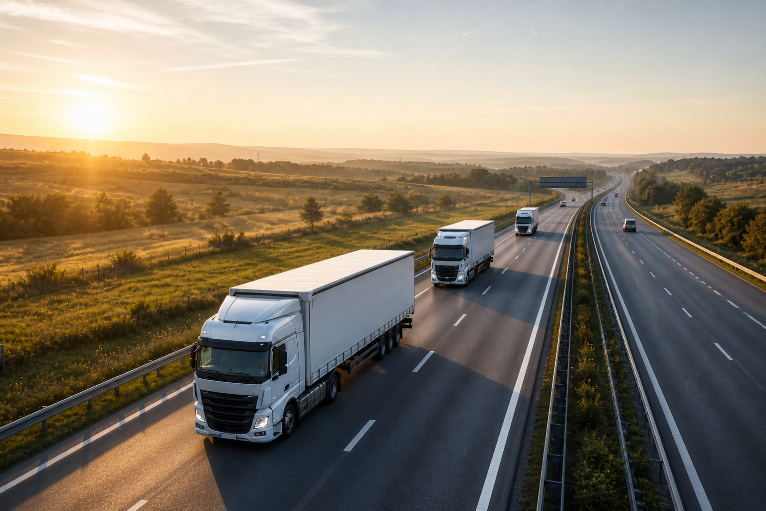 Flota TIR-ów na autostradzie o zachodzie słońca — transport drogowy EU