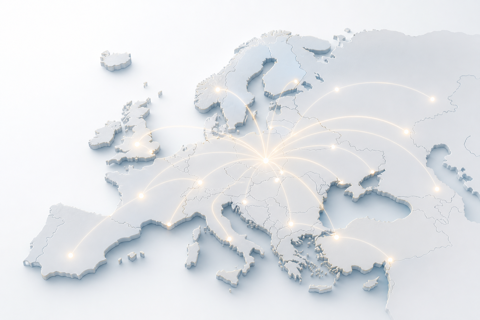 Mapa Europy z liniami świetlnymi — zasięg transportu BLEYO