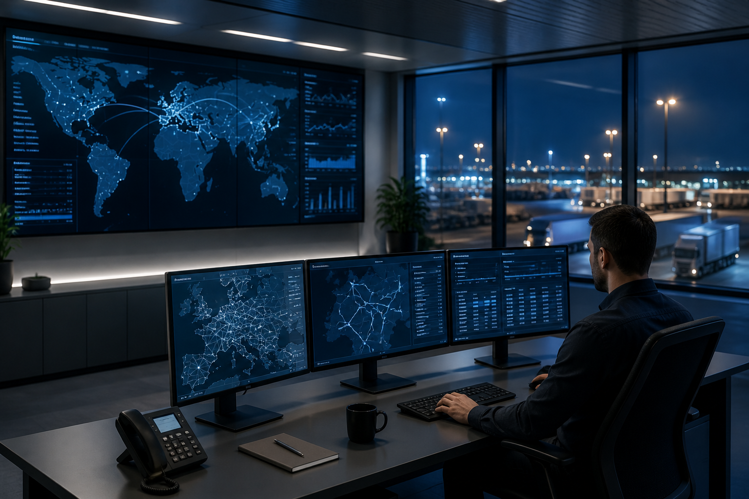 Centrum logistyczne nocą — dyspozytor przy monitorach z mapami tras